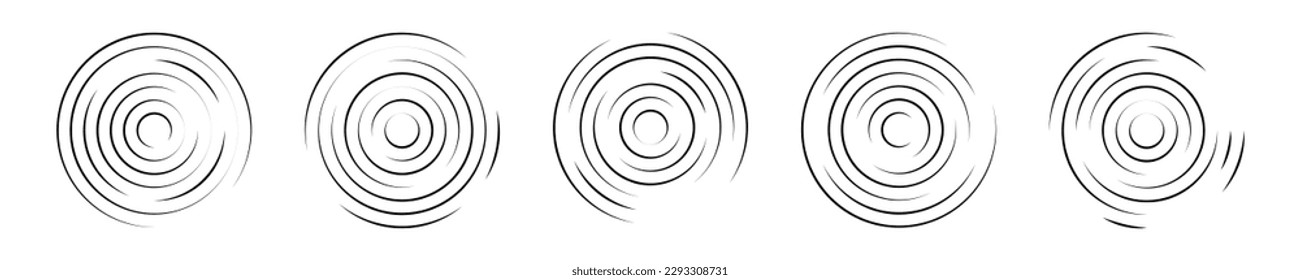 Set of circular ripple icons. Concentric circles with broken lines isolated on white background. Vortex, sonar wave, soundwave, sunburst, signal signs. Vector graphic illustration