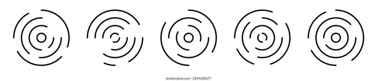 Set of circular ripple icons. Concentric circles with intermittent lines isolated on white background. Vortex, sonar wave, soundwave, sunburst, signal symbols. Vector graphic illustration