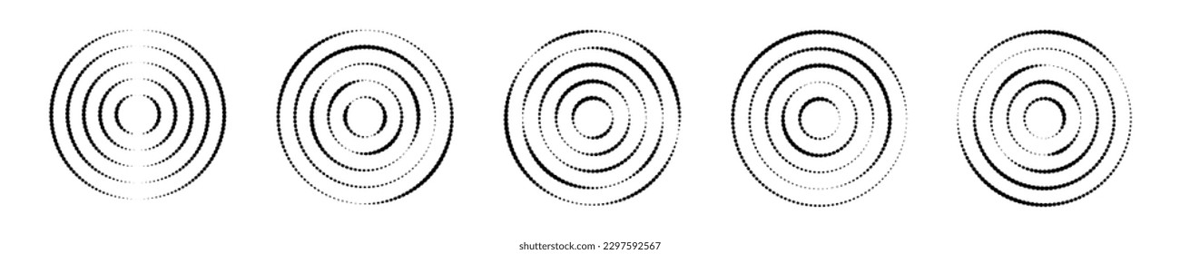 Set of circular ripple icons. Concentric circles with broken polka dot lines isolated on white background. Vortex, sonar wave, soundwave, sunburst, signal symbols. Vector graphic illustration