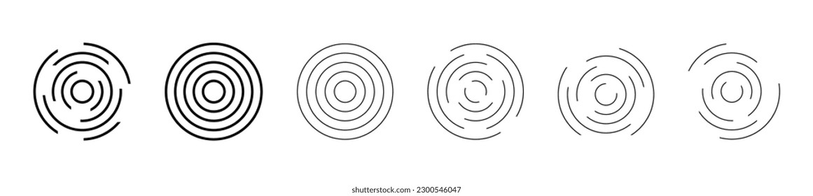 Set of circular ripple icons. Concentric circles with broken lines isolated on white background. Vortex, sonar wave, soundwave, sunburst, signal signs. Vector illustration 10 eps.