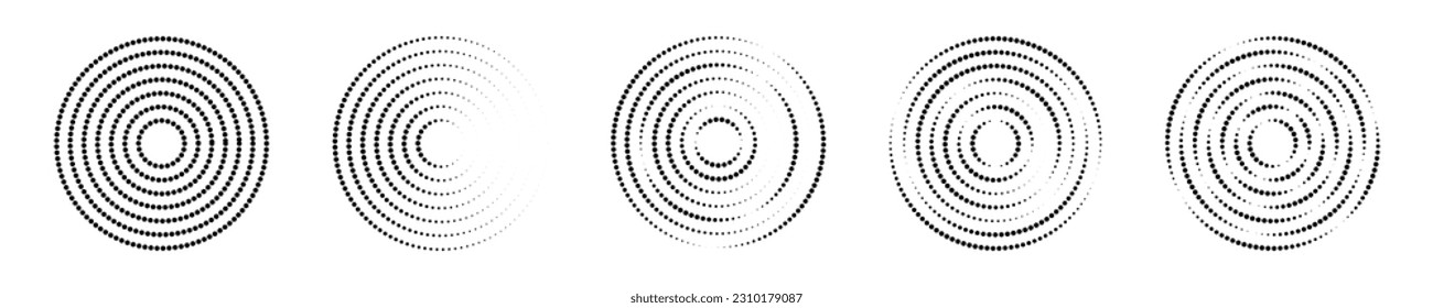 Set of circular ripple icons. Concentric circles with interrupted dotted lines isolated on white background. Vortex, sonar wave, soundwave, sunburst, signal signs. Vector graphic illustration