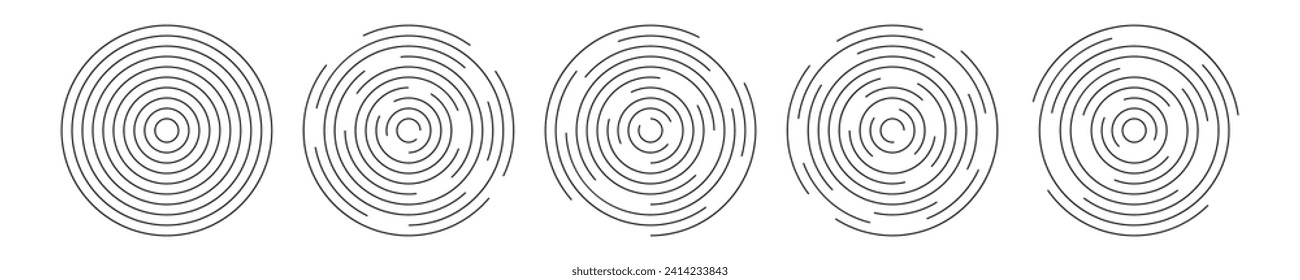 Set of circular ripple icons. Concentric circles with broken lines isolated on white background. Whirlpool, swirl, vortex, sonar wave, soundwave, sunburst, signal signs. Vector graphic illustration