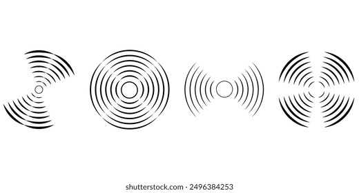 Set of circular ripple icons. Concentric circles with broken lines isolated on white background. Vortex, sonar wave, soundwave, sunburst, signal signs. Vector graphic illustration