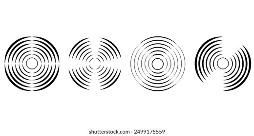 Set of circular ripple icons. Concentric circles with broken lines isolated on white background. Vortex, sonar wave, soundwave, sunburst, signal signs. Vector graphic illustration