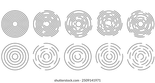 Conjunto de iconos de ondulación circular. Círculos concéntricos con líneas rotas aisladas sobre fondo blanco. Vórtice, onda sonar, onda sonora, explosión solar, señales de señal. Ilustración gráfica de Vector