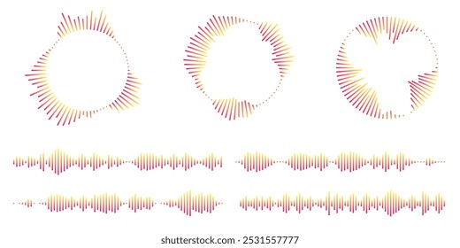 Conjunto de iconos de ondulación circular. Círculos concéntricos con líneas rotas aisladas sobre fondo blanco. Vórtice, onda sonar, onda sonora, explosión solar, señales de señal. Ilustración gráfica de Vector