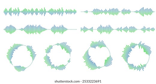 Conjunto de ícones circulares de ondulação. Círculos concêntricos com linhas quebradas isoladas em fundo branco. Vórtice, onda sonar, onda sonora, explosão solar, sinais de sinal. Ilustração gráfica vetorial