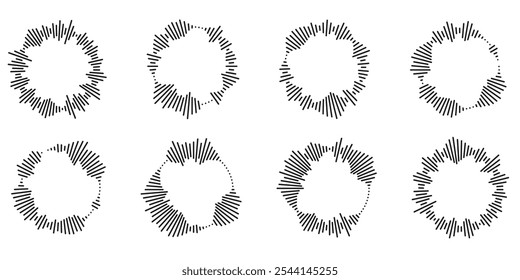 Conjunto de ícones circulares de ondulação. Círculos concêntricos com linhas quebradas isoladas em fundo branco. Vórtice, onda sonar, onda sonora, explosão solar, sinais de sinal. Ilustração gráfica vetorial