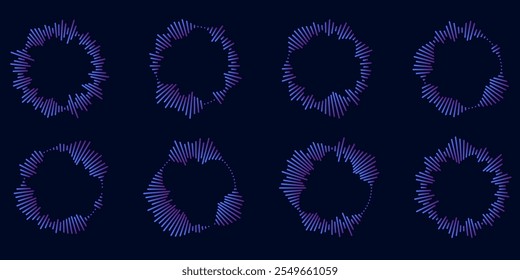 Conjunto de ícones circulares de ondulação. Círculos concêntricos com linhas quebradas isoladas em fundo branco. Vórtice, onda sonar, onda sonora, explosão solar, sinais de sinal. Ilustração gráfica vetorial