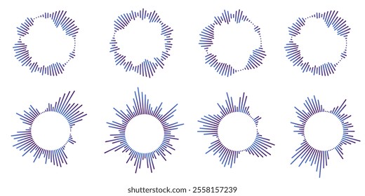 Set of circular ripple icons. Concentric circles with broken lines isolated on white background. Vortex, sonar wave, soundwave, sunburst, signal signs. Vector graphic illustration