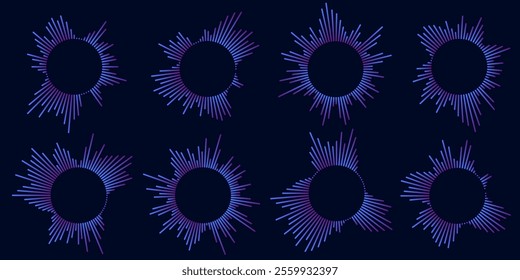 Set of circular ripple icons. Concentric circles with broken lines isolated on white background. Vortex, sonar wave, soundwave, sunburst, signal signs. Vector graphic illustration