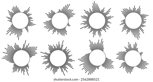 Set of circular ripple icons. Concentric circles with broken lines isolated on white background. Vortex, sonar wave, soundwave, sunburst, signal signs. Vector graphic illustration