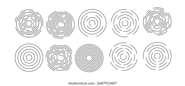 Conjunto de iconos de ondulación circular con círculos concéntricos rotos 