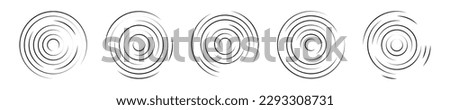 Set of circular ripple icons. Concentric circles with broken lines isolated on white background. Vortex, sonar wave, soundwave, sunburst, signal signs. Vector graphic illustration
