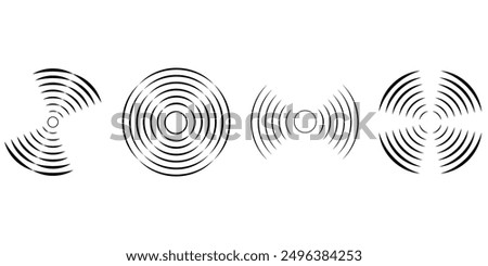Set of circular ripple icons. Concentric circles with broken lines isolated on white background. Vortex, sonar wave, soundwave, sunburst, signal signs. Vector graphic illustration