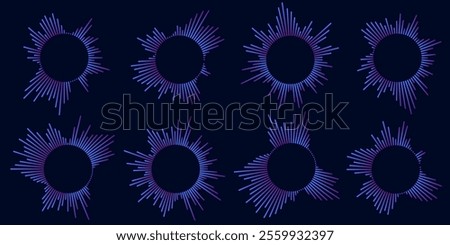 Set of circular ripple icons. Concentric circles with broken lines isolated on white background. Vortex, sonar wave, soundwave, sunburst, signal signs. Vector graphic illustration