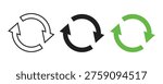 Set of circular rotating arrows in outline black and green styles for synchronization and recycling process. Circular economy loops elements vector design.
