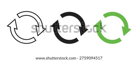 Set of circular rotating arrows in outline black and green styles for synchronization and recycling process. Circular economy loops elements vector design.