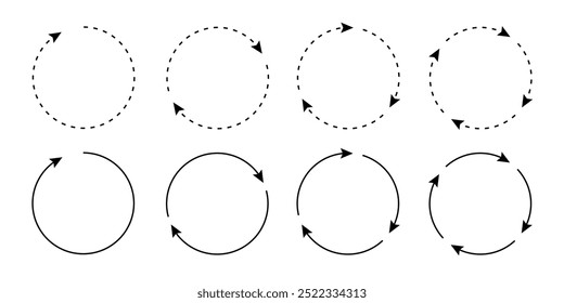 Conjunto de iconos circulares, redondos de línea de guion, flechas delgadas