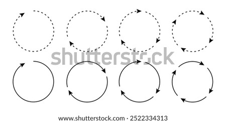 Set of circular, round dash line, thin arrows icons