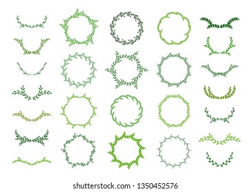 Set of circular and round green laurel foliate, wheat and olive wreaths. Can be used as design elements in heraldry on an award certificate, manuscript, for invitations, quotes, greeting cards, blogs 