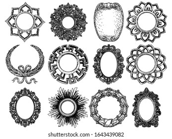 Set of circular round and oval floral mandala frames, vintage decorative Baroque ornament elements. Stone carving marble stone frames. Vector. 