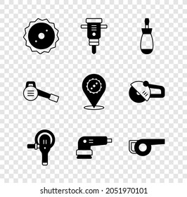 Set Circular saw blade, Construction jackhammer, Screwdriver, Angle grinder, Electric sander, Leaf garden blower,  and  icon. Vector
