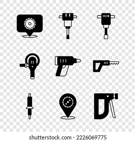 Set Circular saw blade, Construction jackhammer, Soldering iron, stapler, Angle grinder and Electric cordless screwdriver icon. Vector