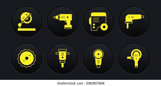 Set Circular Sägeblatt, Electric Jigsaw, Construction Jackhammer, Angle Grinder, Power-Generator, schnurloser Schraubendreher und Tabelle für Holzarbeiten Symbol. Vektorgrafik