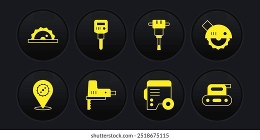 Set Circular saw blade, Electric circular, jigsaw, Power electric generator, Construction jackhammer, planer tool and  icon. Vector