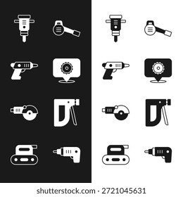 Set Kreissägeblatt, Elektrischer Akku-Schraubenzieher, Bau-Schlaghammer, Blatt Garten Gebläse, Winkelschleifer, Heftgerät, und Hobelwerkzeug-Symbol. Vektorgrafik