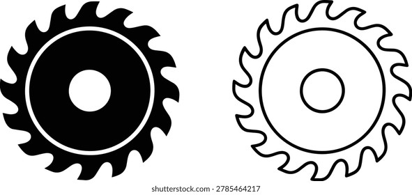 Set of Circular Saw Blade Icons in Silhouette and Outline Styles.