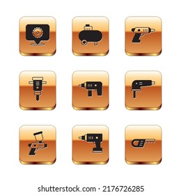Set Circular saw blade, Paint spray gun, Electric cordless screwdriver, drill machine, Construction jackhammer, Reciprocating and Air compressor icon. Vector