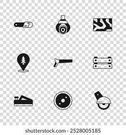 Set Circular saw blade, Wooden box, Electric circular, Hand, beam, Chainsaw, Grapple crane grabbed log and Location of the forest icon. Vector