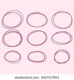 set of circular scribbles doodle red circle line hand drawn element illustration