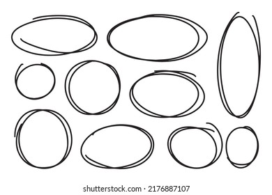 Set of circular scribbles outline doodle frames. Oval banner collection. Vector illustration