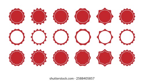 A set of circular seal stamps and wavy-edge stickers, including starburst price tags, sale badges, and wax seal silhouettes. Ideal for branding, promotions, and design projects. Vector illustration.