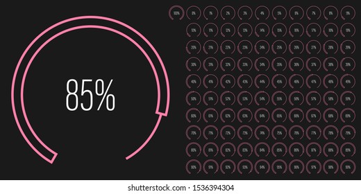 Set of circular sector arc percentage diagrams meters from 0 to 100 ready-to-use for web design, user interface UI or infographic - indicator with pink