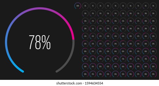 Set of circular sector arc percentage diagrams meters from 0 to 100 ready-to-use for web design, user interface UI or infographic - indicator with gradient from cyan blue to magenta hot pink