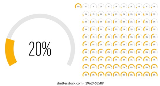 Set of circular sector arc percentage diagrams meters progress bar from 0 to 100 ready-to-use for web design, user interface UI or infographic - indicator with yellow