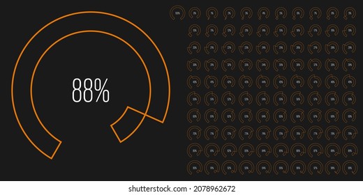 Set of circular sector arc percentage diagrams meters progress bar from 0 to 100 ready-to-use for web design, user interface UI or infographic - indicator with orange