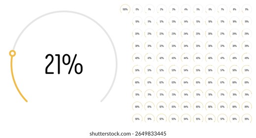 Set of circular sector arc percentage diagrams meters progress bar from 0 to 100 ready-to-use for web design, user interface UI or infographic - indicator with yellow