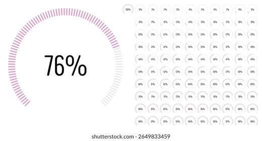 Set of circular sector arc percentage diagrams meters progress bar from 0 to 100 ready-to-use for web design, user interface UI or infographic - indicator with pink
