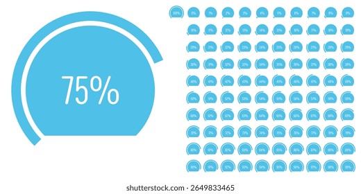 Set of circular sector arc percentage diagrams meters progress bar from 0 to 100 ready-to-use for web design, user interface UI or infographic - indicator with blue