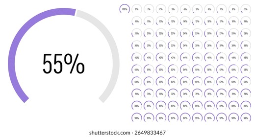 Set of circular sector arc percentage diagrams meters progress bar from 0 to 100 ready-to-use for web design, user interface UI or infographic - indicator with purple