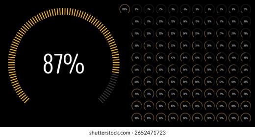Conjunto de diagramas de porcentagem de arco de setor circular medidores barra de progresso de 0 a 100 pronto para uso para web design, interface de usuário UI ou infográfico - indicador com amarelo
