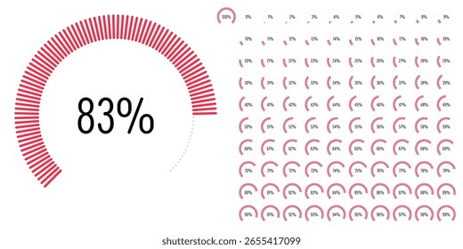 Set of circular sector arc percentage diagrams meters progress bar from 0 to 100 ready-to-use for web design, user interface UI or infographic - indicator with red