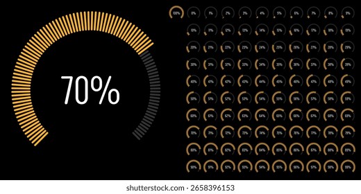 Set of circular sector arc percentage diagrams meters progress bar from 0 to 100 ready-to-use for web design, user interface UI or infographic - indicator with yellow