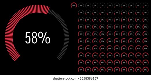 Set of circular sector arc percentage diagrams meters progress bar from 0 to 100 ready-to-use for web design, user interface UI or infographic - indicator with red
