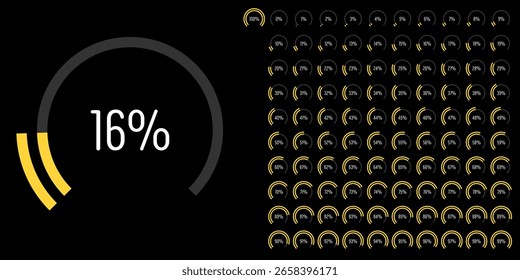 Set of circular sector arc percentage diagrams meters progress bar from 0 to 100 ready-to-use for web design, user interface UI or infographic - indicator with yellow